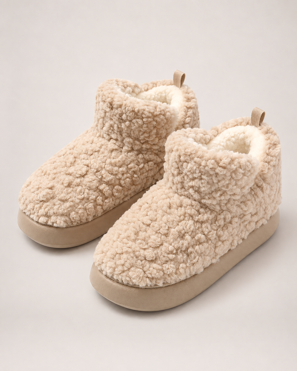 Women’s Slipper Boots with Fluffy Finish and Thick Sole in Light Brown, single boot outer three quarter view