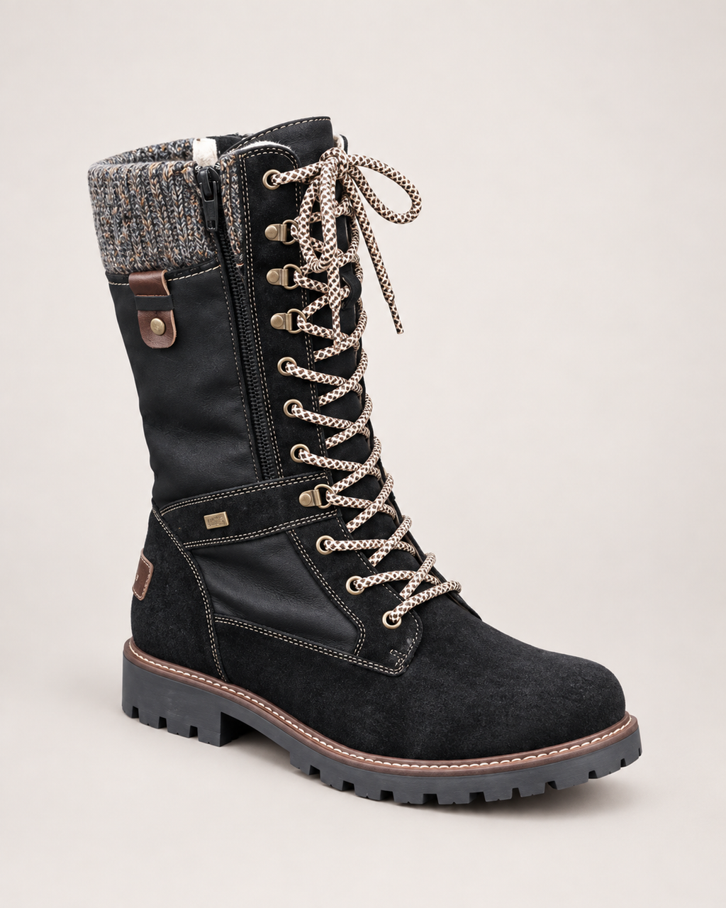 Women’s Lace Up Boots with Knitted Cuff in Black, single boot outer three quarter view
