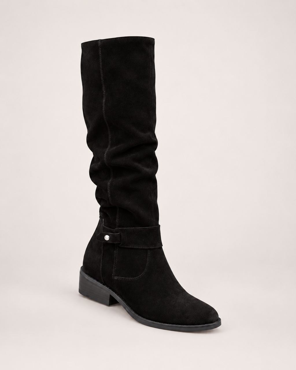 Women’s Knee High Boots with Low Heel and Side Zip in Black, single boot outer three quarter view