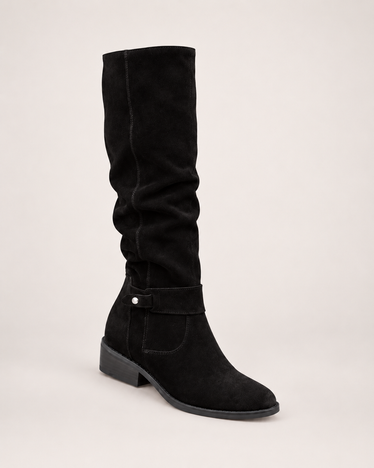 Women’s Knee High Boots with Low Heel and Side Zip in Black, single boot outer three quarter view
