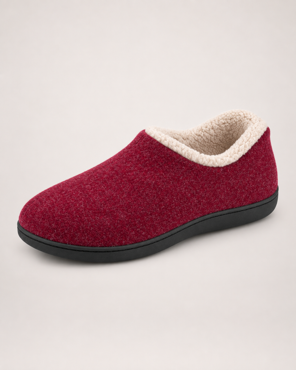 Women’s Full Slippers with Closed Back and Soft Collar in Burgundy, single boot outer three quarter view