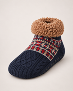 Women’s Slipper Socks with Fair Isle Pattern in Navy Blue, single boot outer three quarter view