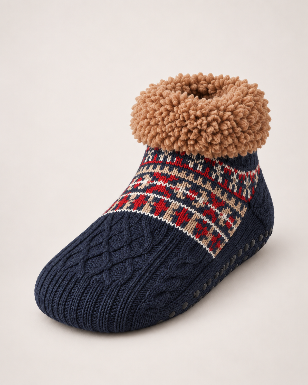 Women’s Slipper Socks with Fair Isle Pattern in Navy Blue, single boot outer three quarter view