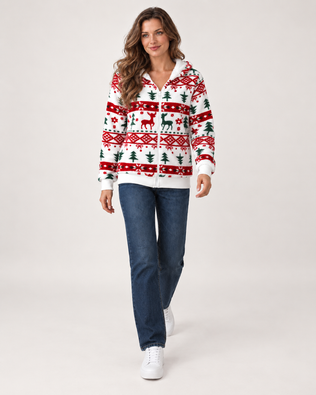 Women’s Christmas Cardigan with Hood and Zip Front in White, full body view