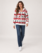 Women’s Christmas Cardigan with Hood and Zip Front in White, full body view