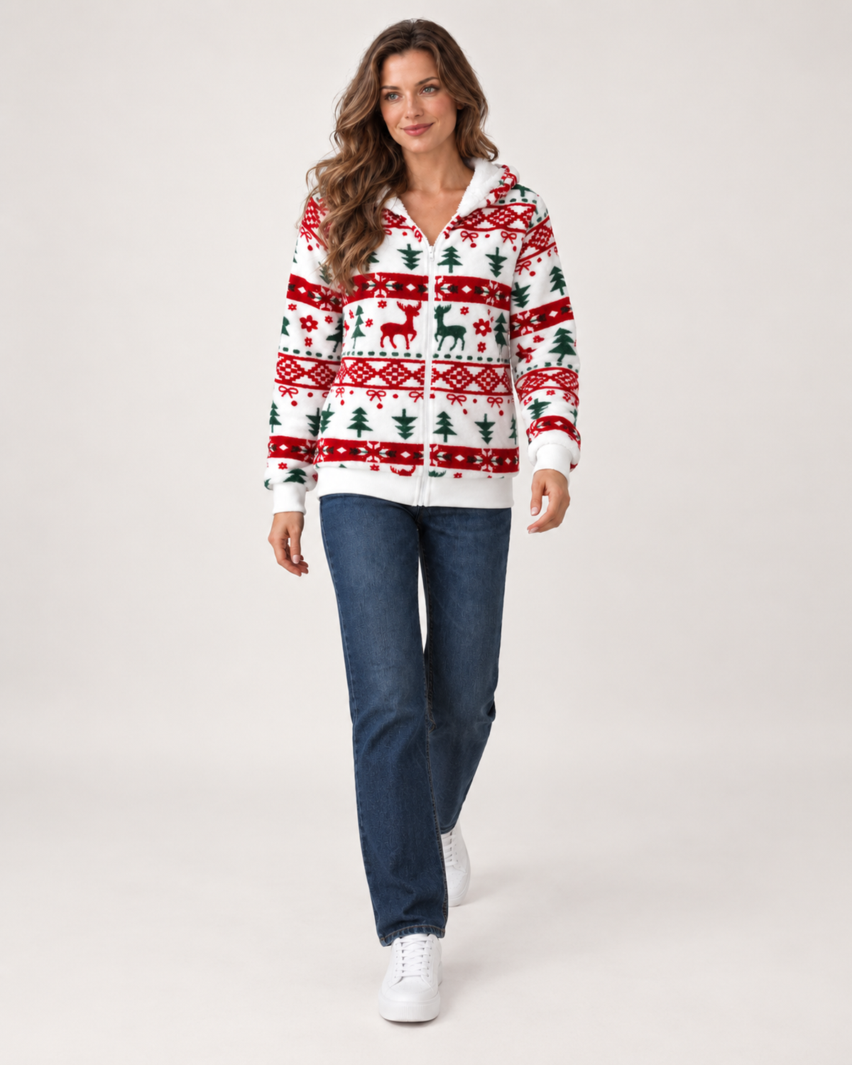 Women’s Christmas Cardigan with Hood and Zip Front in White, full body view