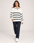 Women’s Striped Jumper with Half Zip Collar in White, full body view