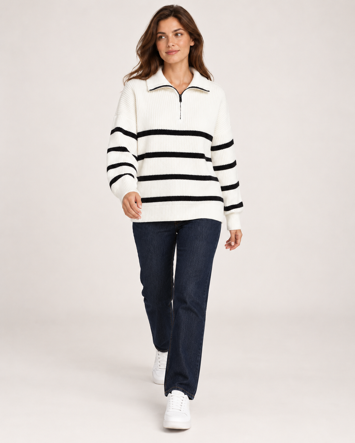 Women’s Striped Jumper with Half Zip Collar in White, full body view