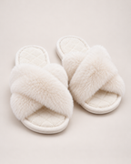Women’s Fluffy Slippers with Cross Straps and Open Toe in White, product only view