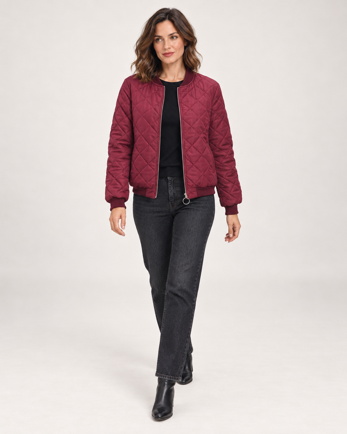 Women’s Quilted Jacket with Stand Collar in Wine Red, full body view