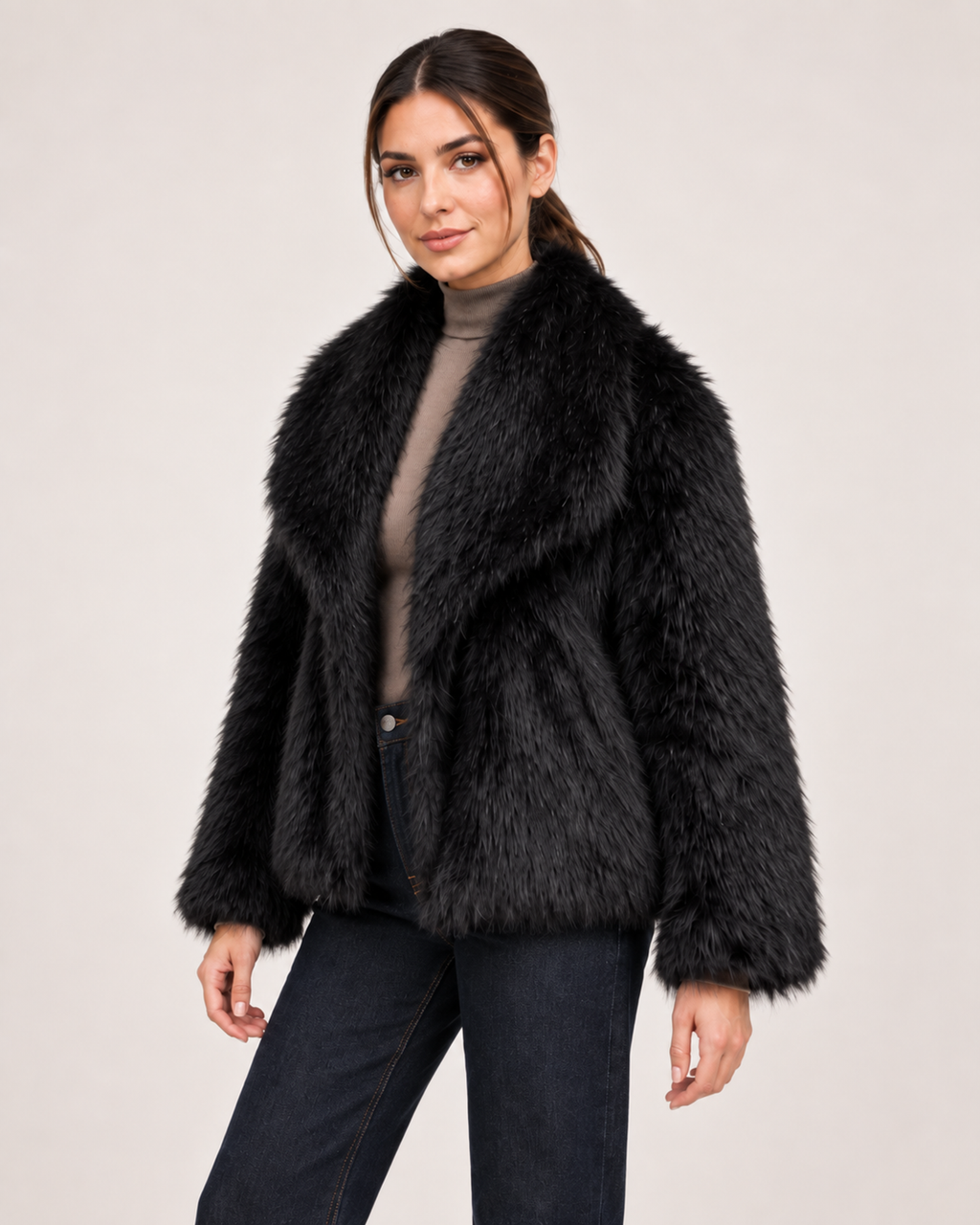 Women’s black faux fur jacket three quarter product view