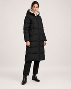 Women’s black long puffer coat fully closed three quarter view