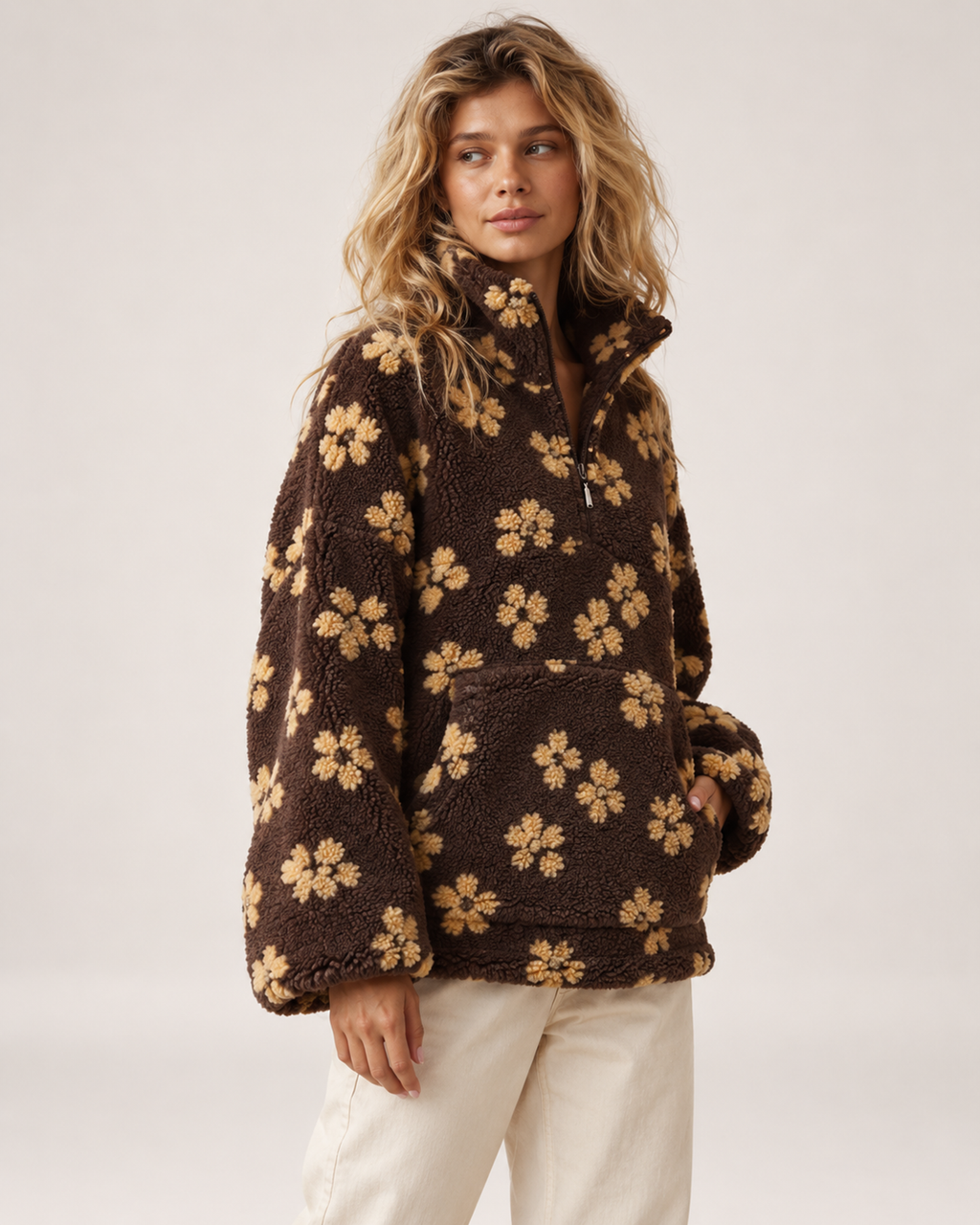 Women’s borg jacket with floral pattern and half zip composed three quarter view