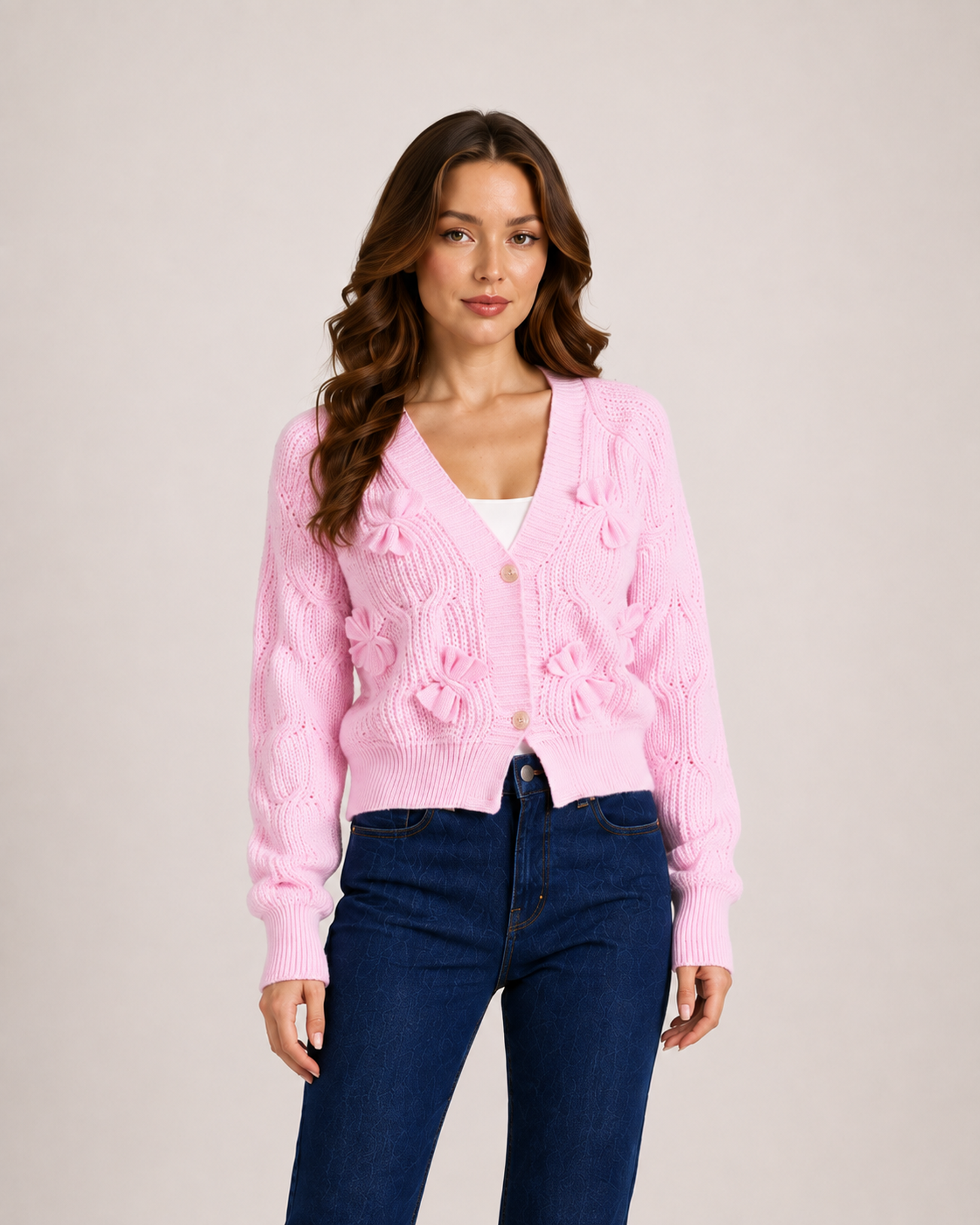 Women’s pink bow cardigan front styling view