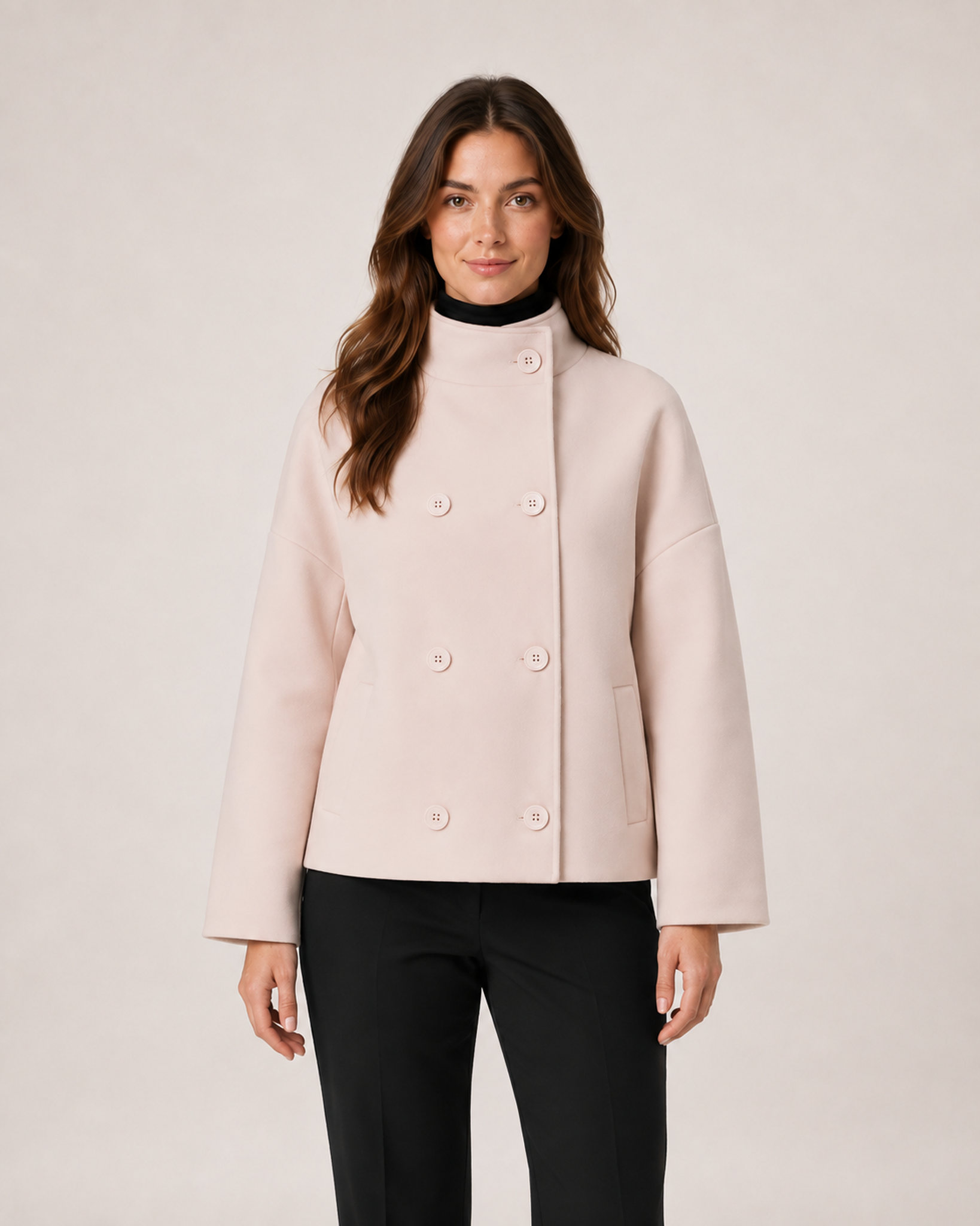 Women’s pink funnel neck coat front styling view