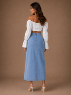Women's High Waist Button Front Denim Midi Skirt