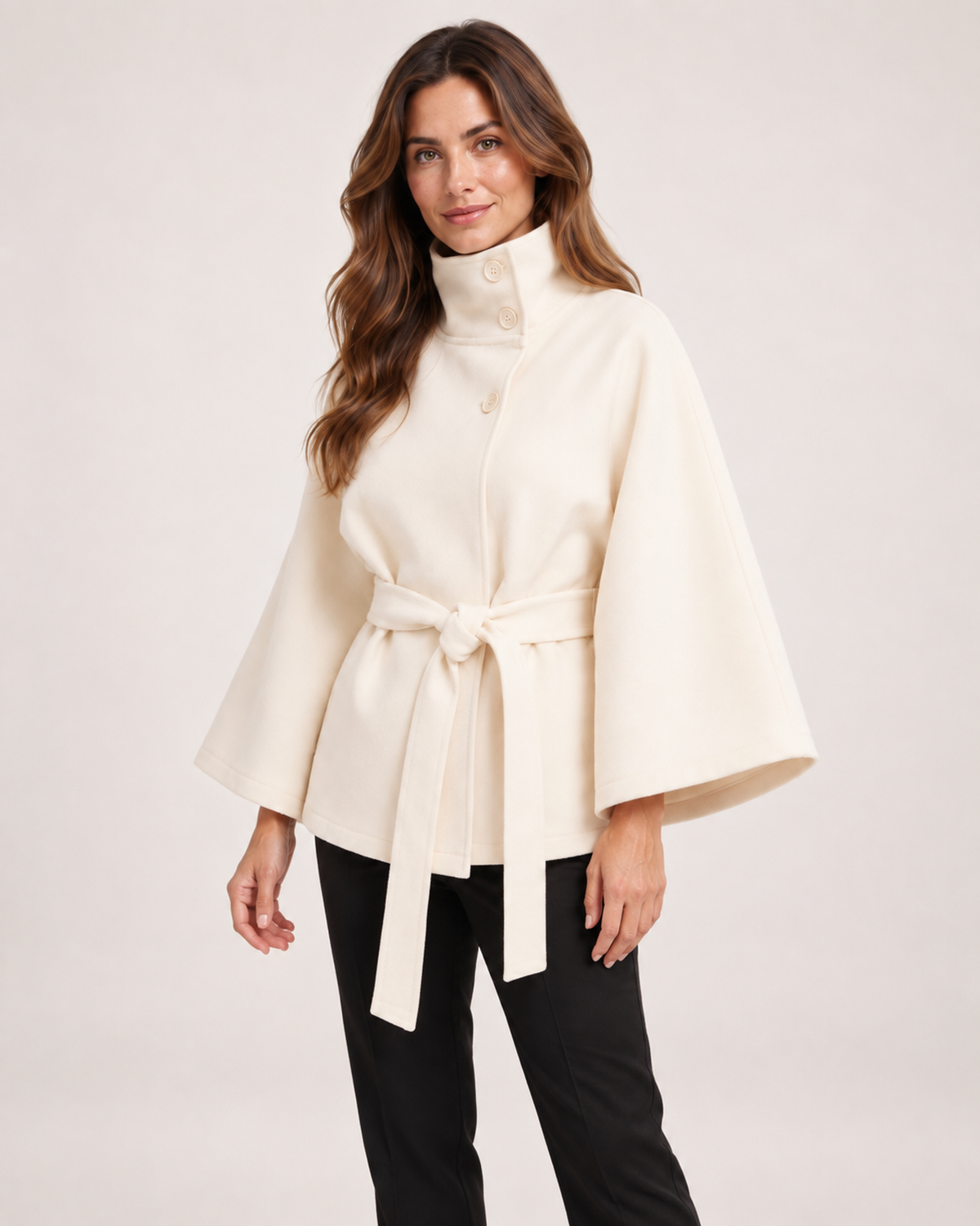 Women’s Cape Coat with Funnel Neck and Belt in Apricot, lower body product focus view