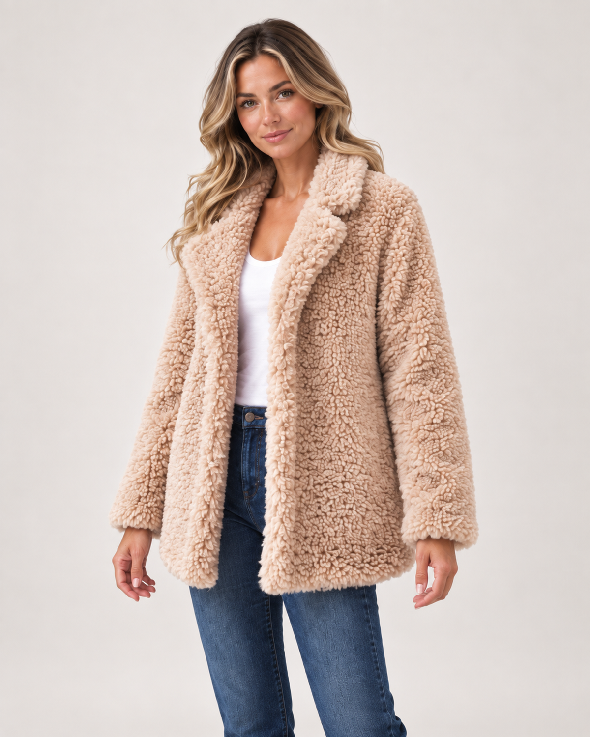 Women’s Teddy Coat with Wide Lapel Collar in Apricot, short outerwear product focus view
