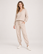 Women’s Loungewear Set with V-Neck Top and Joggers in Apricot, full body view