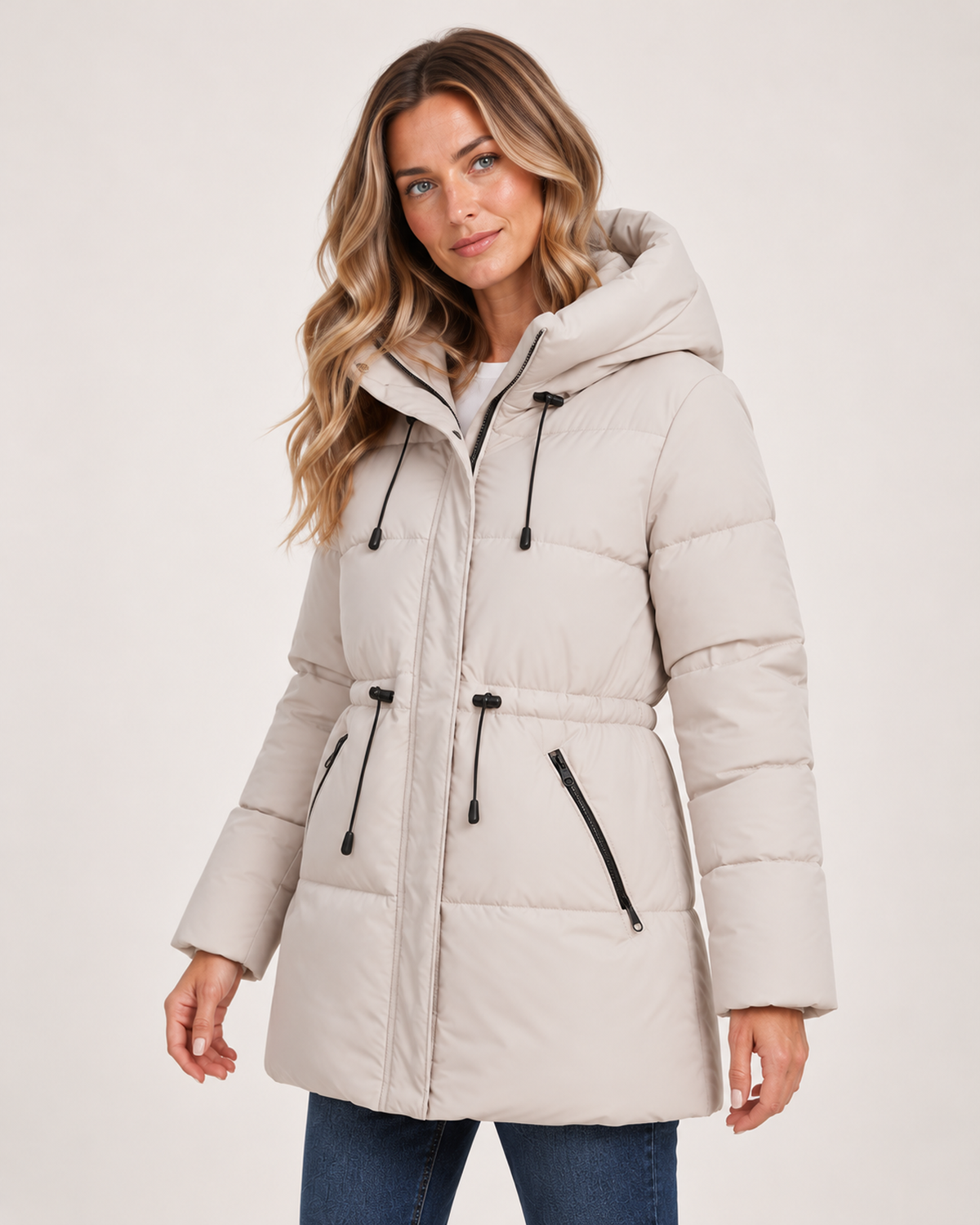 Women's Padded Coat with Hood and Drawstring Waist three quarter view