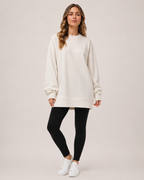 Women’s Oversized Sweatshirt with Crew Neck in Beige, three quarter body view