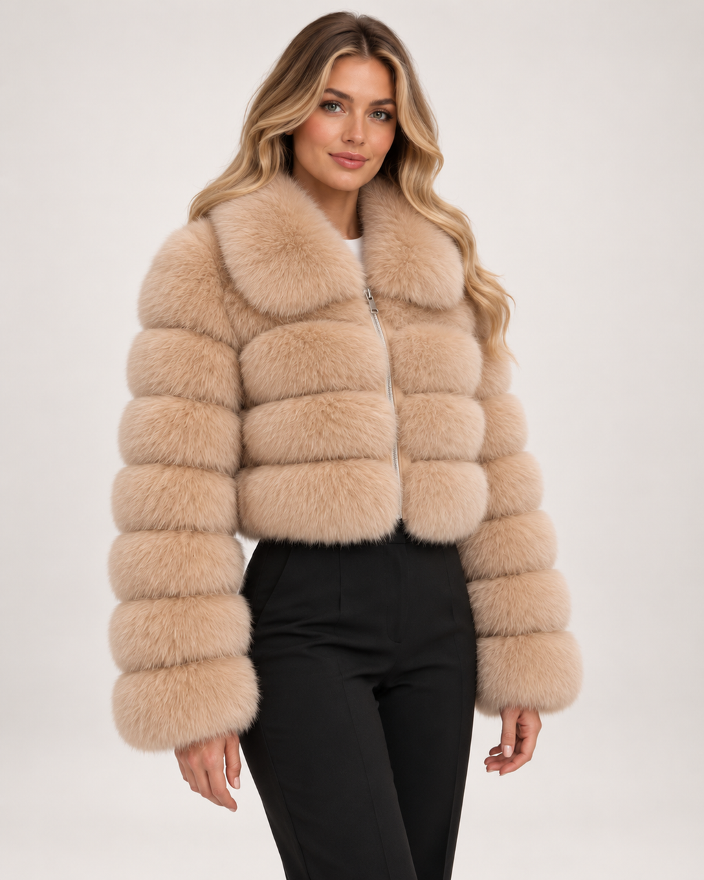 Women’s Faux Fur Jacket with Cropped Shape and Wide Collar in Beige, short outerwear product focus view