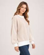 Women’s Striped Jumper with Contrast Trim in Beige, upper body product focus view