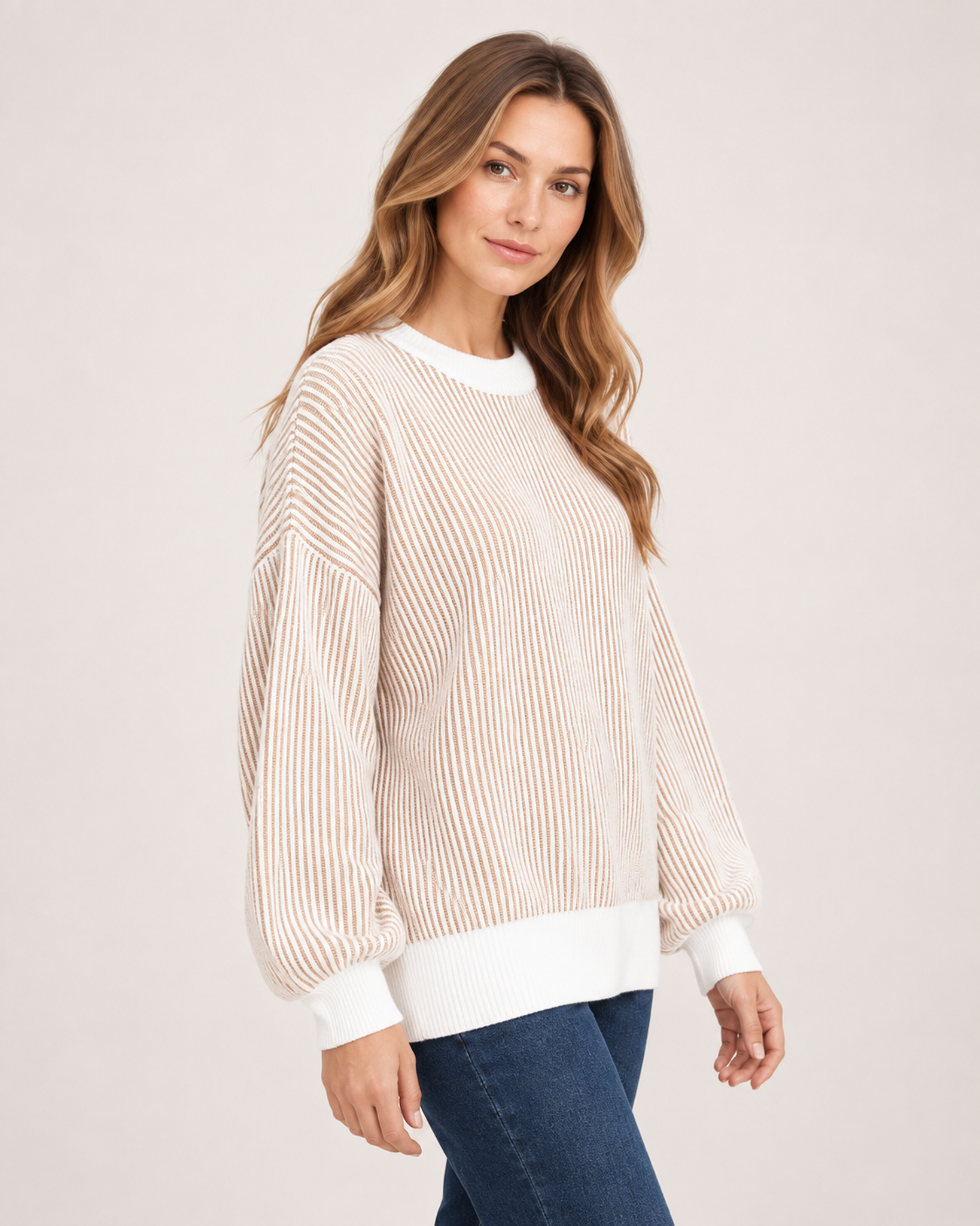 Women’s Striped Jumper with Contrast Trim in Beige, upper body product focus view