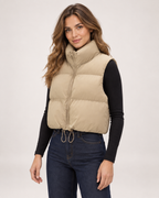 Women’s Puffer Gilet with Cropped Shape and Stand Collar in Beige, short outerwear product focus view