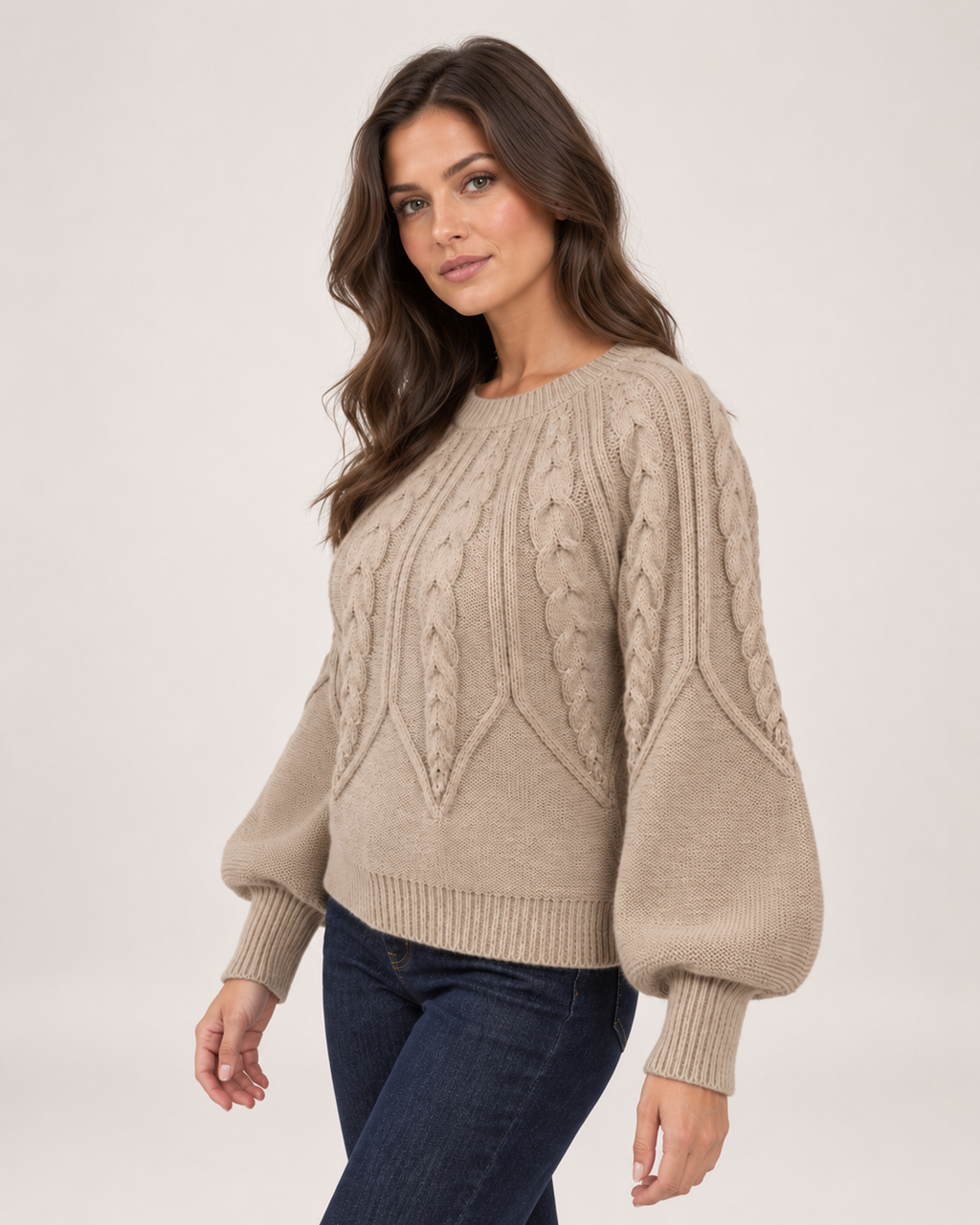 Women’s Cable Knit Jumper with Balloon Sleeves in Beige, upper body product focus view