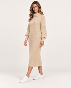 Women’s Jumper Dress with Roll Neck and Ribbed Finish in Beige, full body view