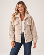 Women’s Borg Jacket with Collar and Chest Pockets in Beige, short outerwear product focus view