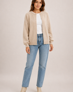 Women’s Balloon Sleeve Cardigan with Buttons in Beige, three quarter body view