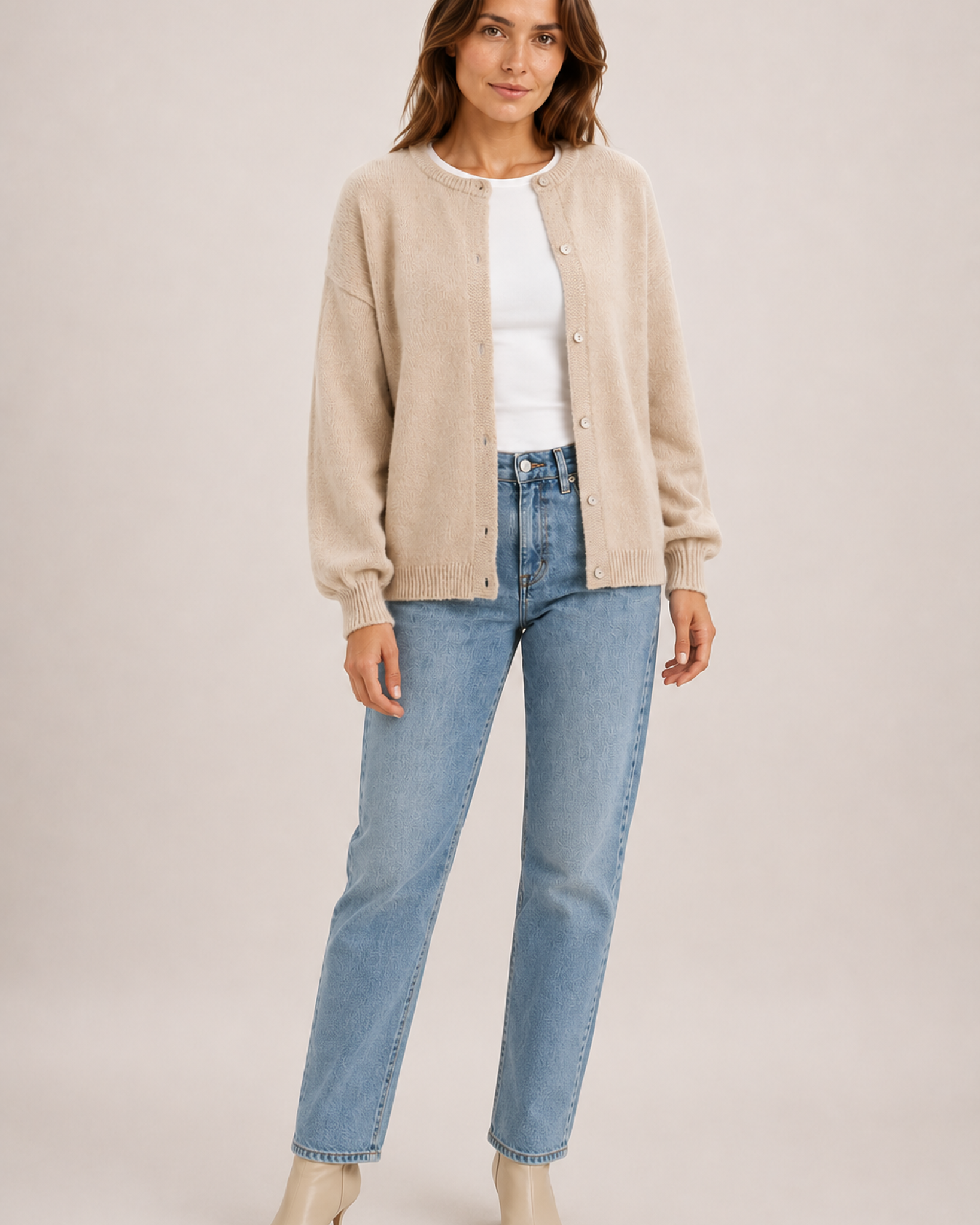 Women’s Balloon Sleeve Cardigan with Buttons in Beige, three quarter body view