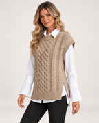 Women’s Knitted Vest with Longline Shape and Cable Detail in Beige, lower body product focus view