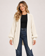 Women’s Balloon Sleeve Cardigan with Chunky Knit in Beige, upper body product focus view