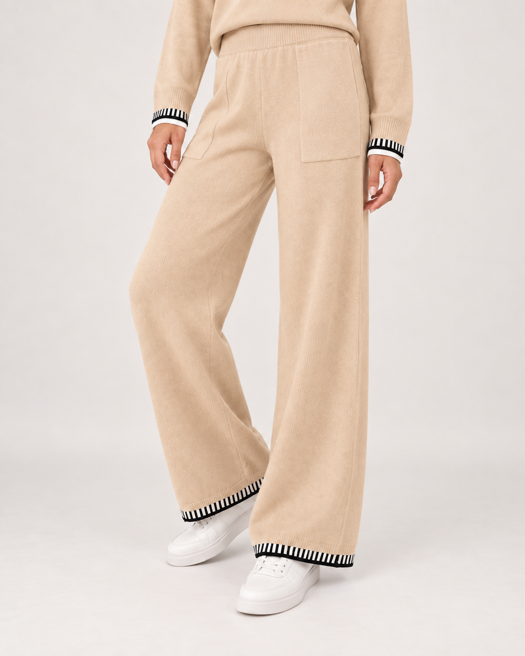 Women’s Co-Ord Set with Jumper and Wide Leg Trousers in Beige, lower body product focus view