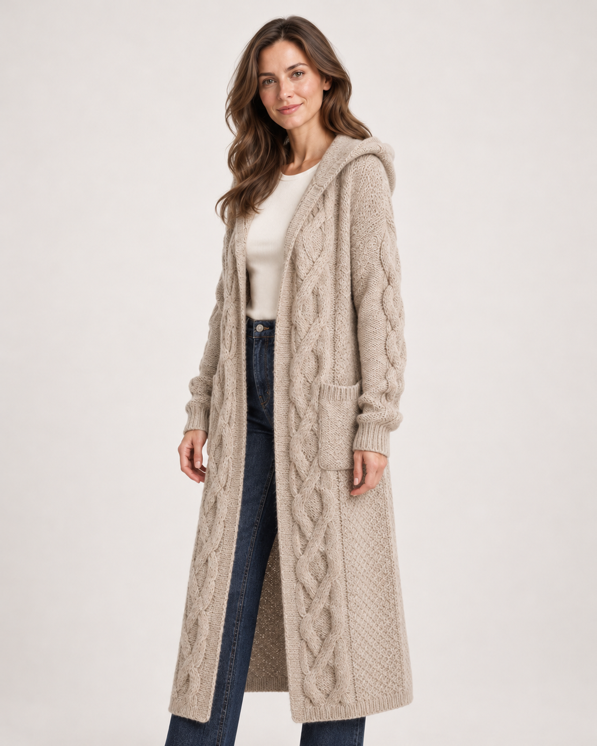 Women’s Long Cardigan with Hood and Cable Detail in Beige, upper body product focus view