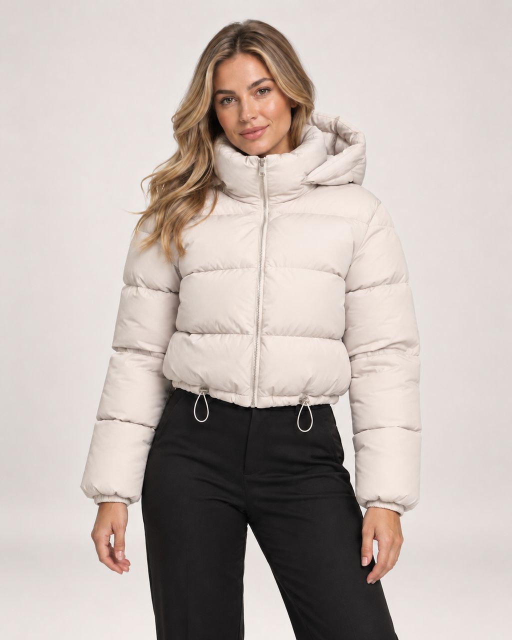 Women’s Puffer Jacket with Hood and Adjustable Hem in Beige, short outerwear product focus view