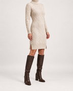 Women’s Jumper Dress with Roll Neck and Side Slits in Beige, lower body product focus view