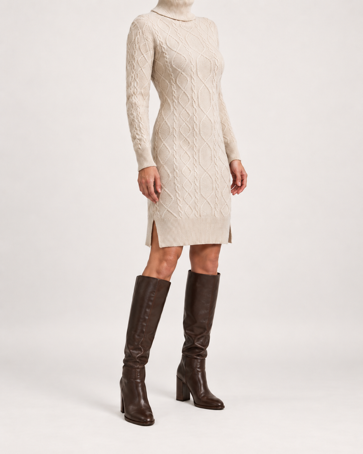 Women’s Jumper Dress with Roll Neck and Side Slits in Beige, lower body product focus view