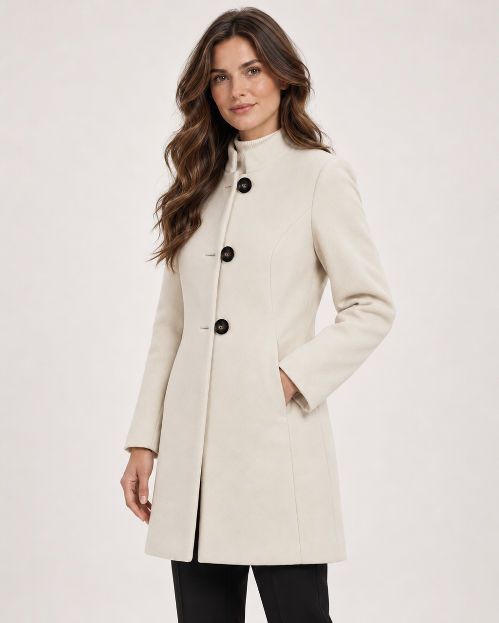 Women’s Mid Length Coat with Collarless Neck in Beige, short outerwear product focus view