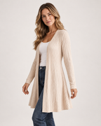 Women’s Longline Cardigan with Open Front in Beige, upper body product focus view