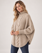 Women’s Cable Knit Jumper with High Neck and Batwing Sleeves in Beige, upper body product focus view