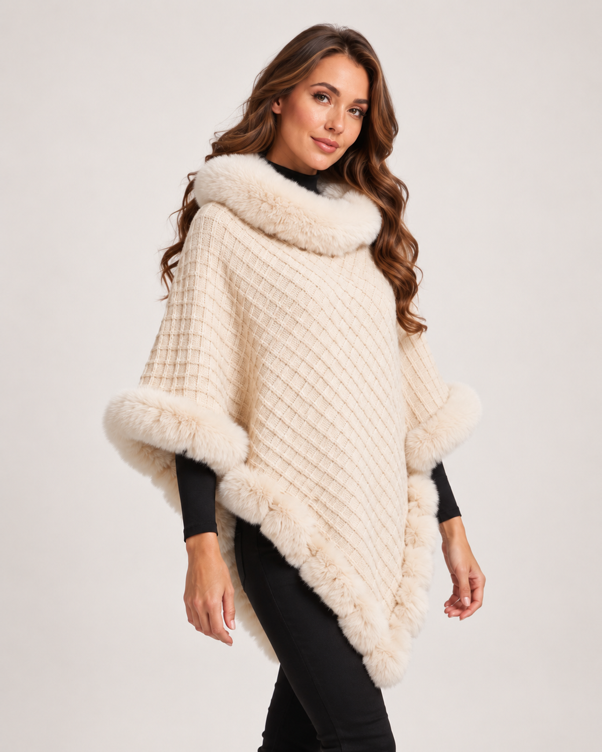 Women’s Cape Coat with Faux Fur Trim in Beige, short outerwear product focus view