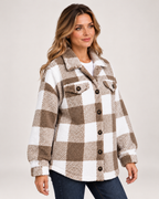 Women's Fleece Jacket with Checked Pattern and Button Front product view
