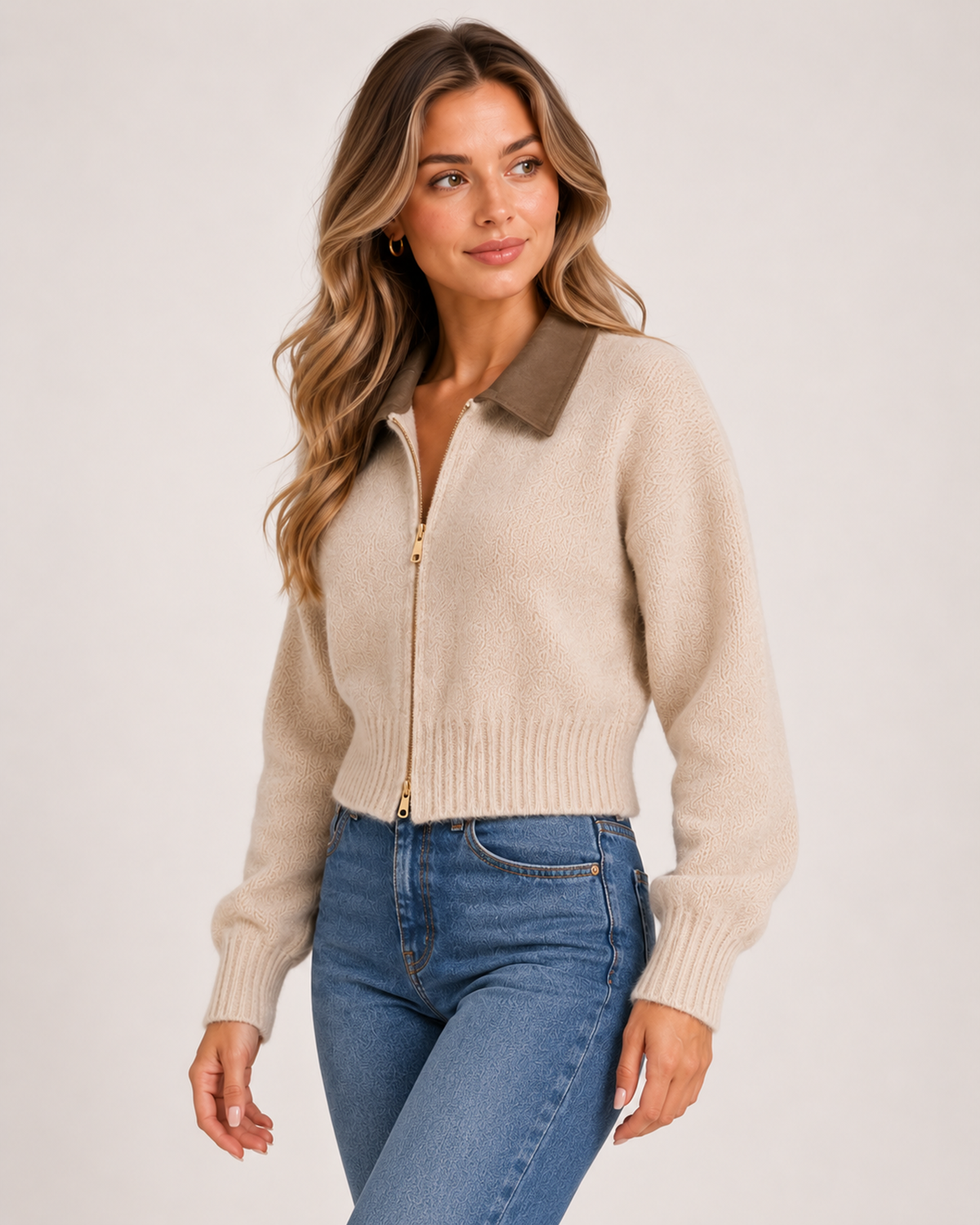 Women's Cropped Zip-Up Cardigan with Contrast Collar product view