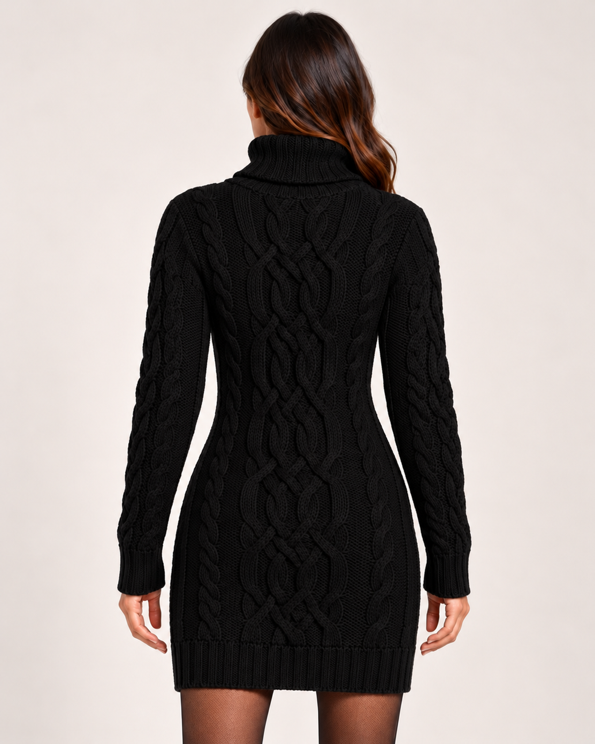 Women's black cable knit roll neck jumper dress back view