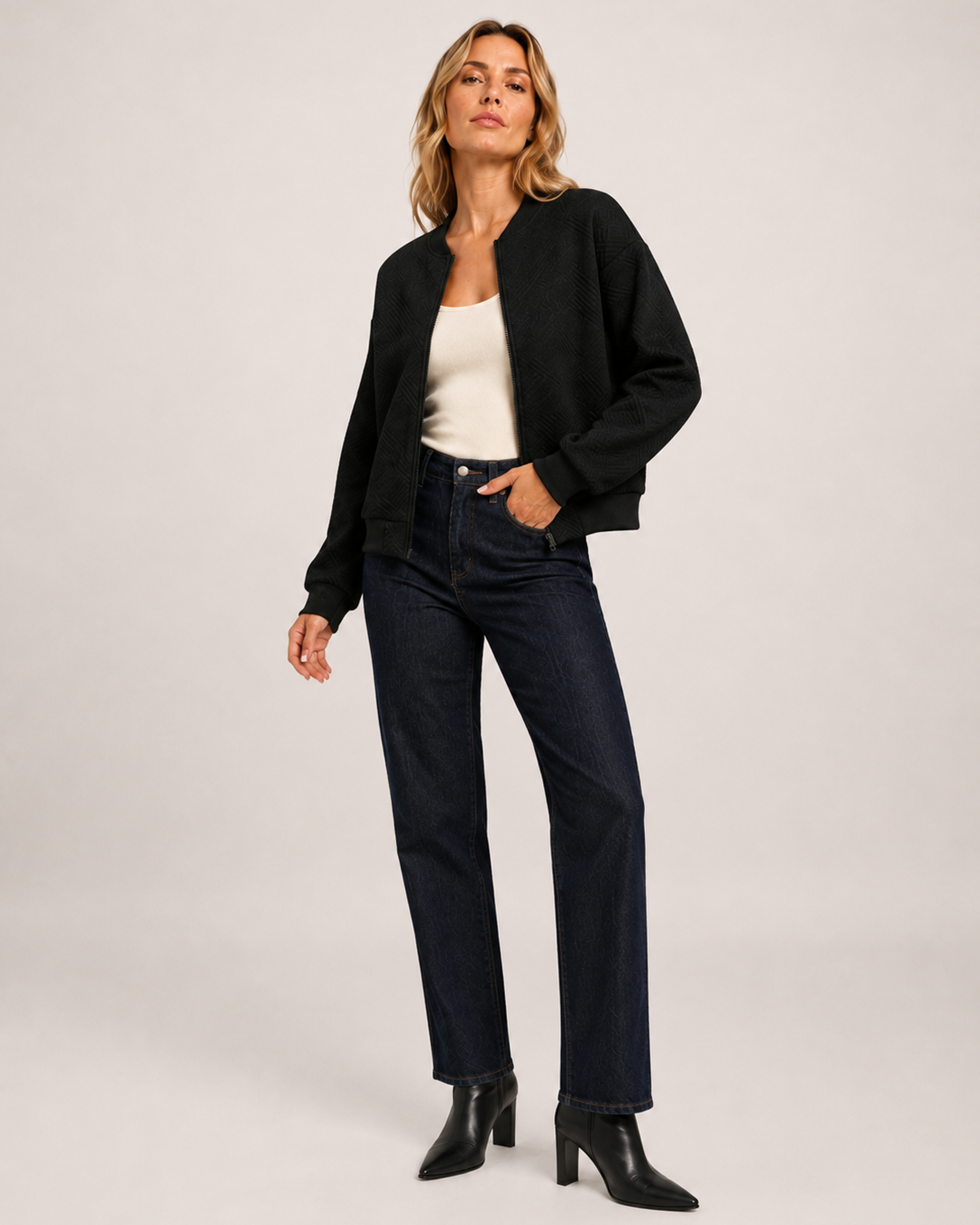 Women’s black zip up cardigan dynamic three quarter view