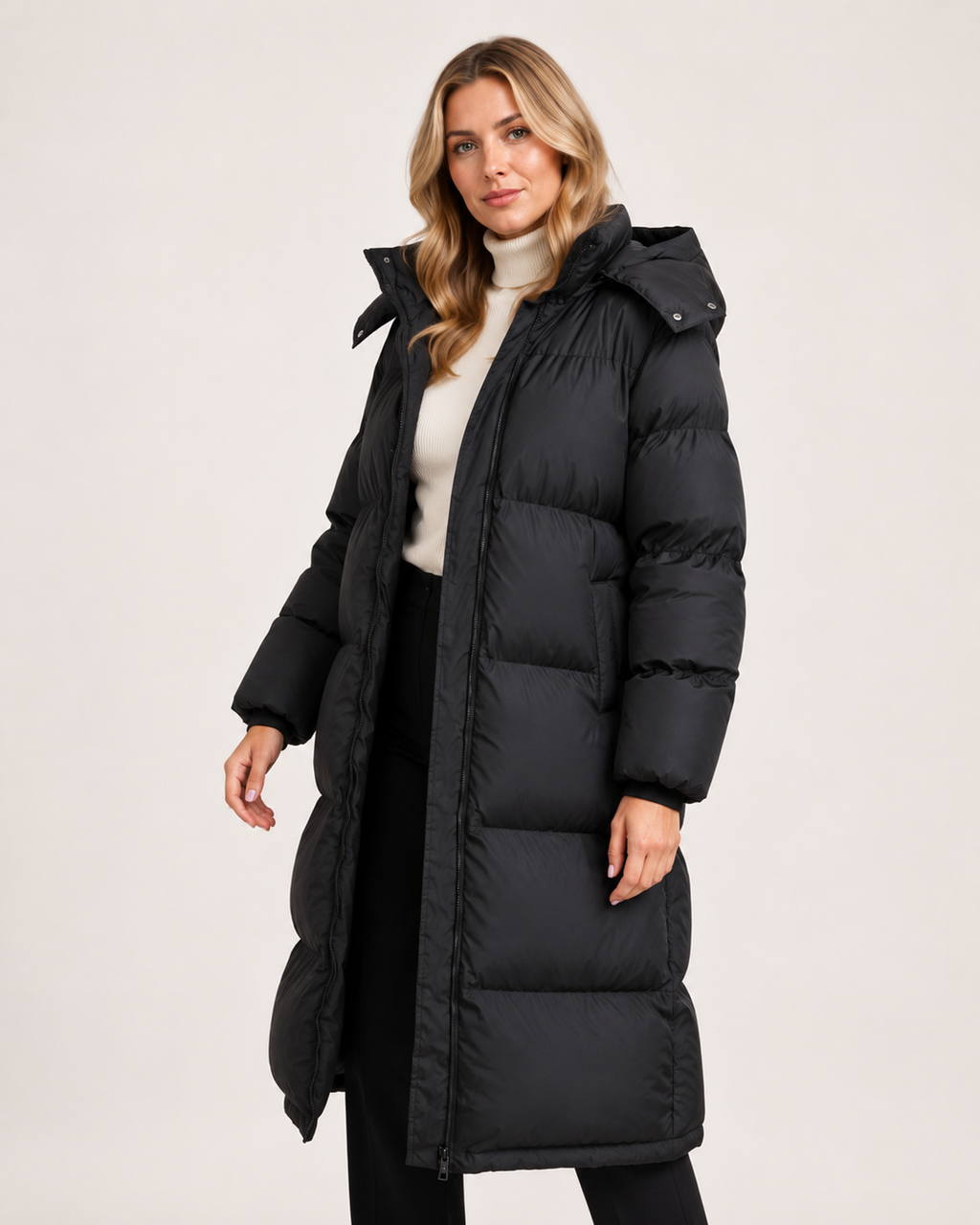 Women’s Long Puffer Coat with Hood and Oversized Fit in Black, short outerwear product focus view